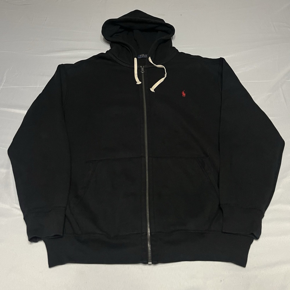 Polo Ralph Lauren Hoodie Mens XLT Black Full Zip Fleece Sweatshirt Red Pony
